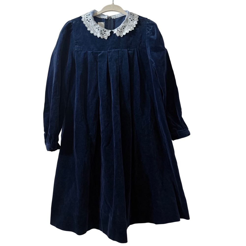 Vintage 90s Petite Gamine Peter Pan Collared Velvet Deep Navy Blue Girls 6 Dress